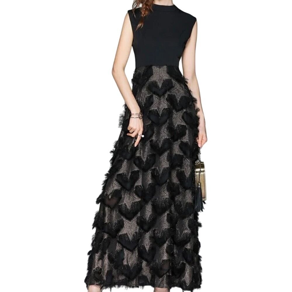Vicky and Lucas Black Gold Star Fringe Maxi Dress Mock Neck Sleeveless Large